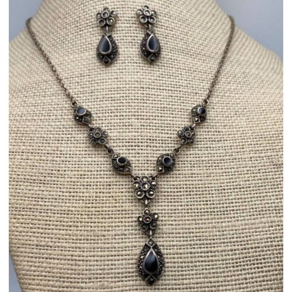Vintage Floral Design Genuine Black Onyx & Marcasite Necklace & Earrings~925 SS